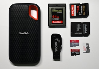 An assortment of storage devices is displayed, including a black SanDisk portable SSD with a red accent, several memory cards such as SD and microSD of varying capacities from brands like SanDisk and Transcend, along with a USB flash drive and a microSD card adapter.