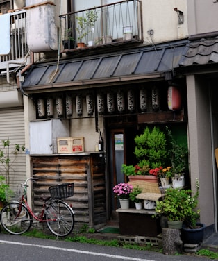 A rustic storefront with a variety of potted plants arranged outside, featuring a collection of traditional lanterns hanging above the entrance. An old-fashioned bicycle with a basket is parked nearby, while a small sign is visible on the doorway. The exterior combines wooden elements with greenery, creating a quaint and inviting atmosphere.