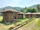 Traditional bamboo huts with thatched roofs are situated in a lush, green landscape. The background features rolling hills covered with dense foliage and palm trees. Small pots with plants line a pathway, framed by grassy terrain.