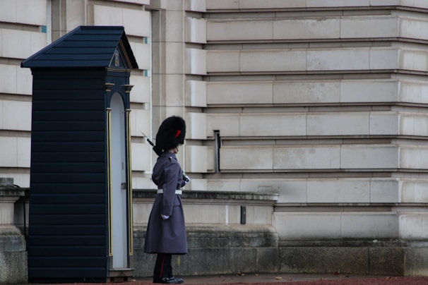 A guard in a traditional uniform stands beside a black sentry box, with a backdrop of a stone building featuring a series of horizontal lines. The guard wears a dark gray coat, tall black fur hat, and holds a rifle.