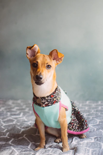 un pequeño perro vistiendo ropa color azul t estampados de jaguar