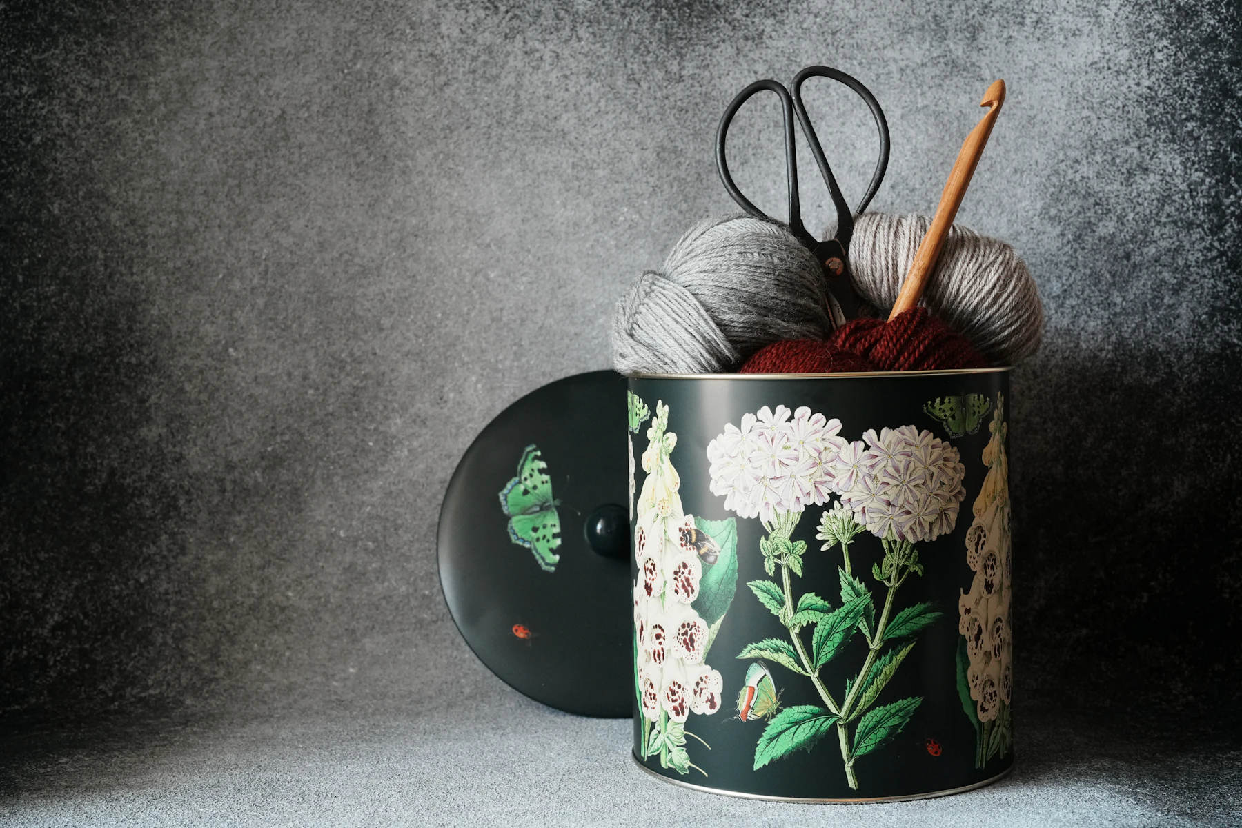 Crochet hook, yarn and craft tools