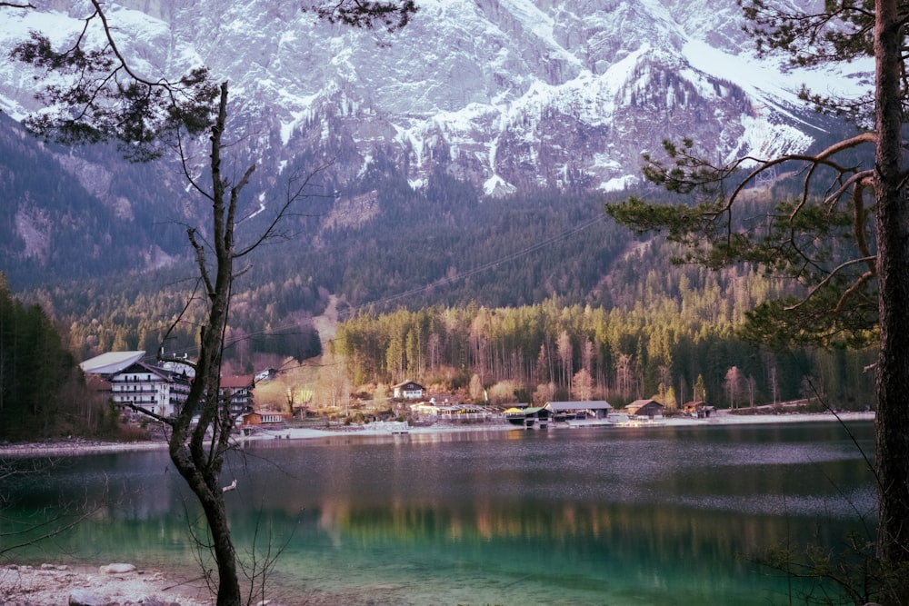 a lake surrounded by trees and mountains