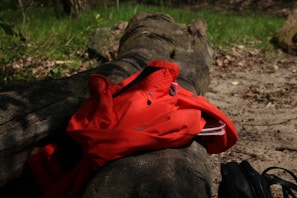 A lightweight jacket folded neatly inside a compact backpack on a forest trail.