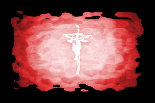 A colorful, retro-inspired illustration blending neon pixel art with subtle Christian symbols.