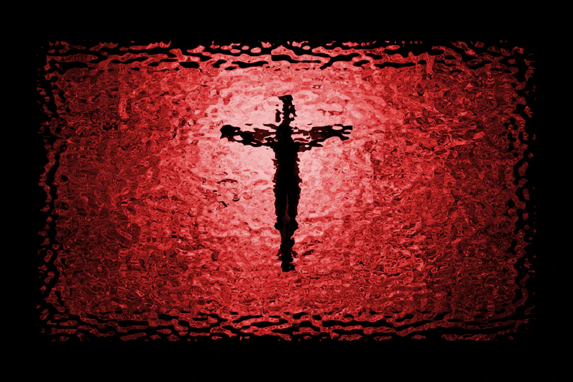 A dark fantasy card from Trok featuring a monolithic cross silhouetted against a blood-red eclipse with detailed cross-hatching lines.