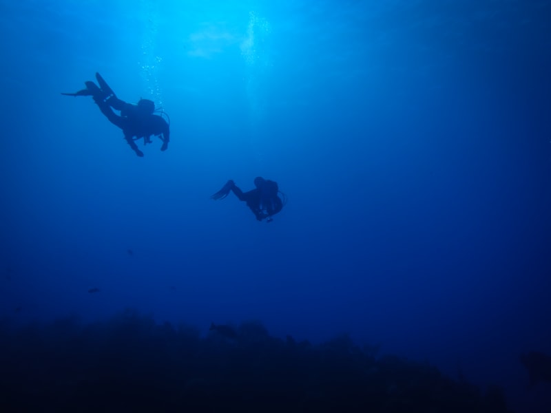 Two scuba divers descending along a coral wall into deep blue water off Grand Cayman