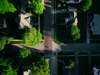 Aerial view of a residential area showcasing various properties and green spaces.