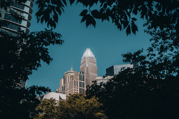 a view of a building through some trees