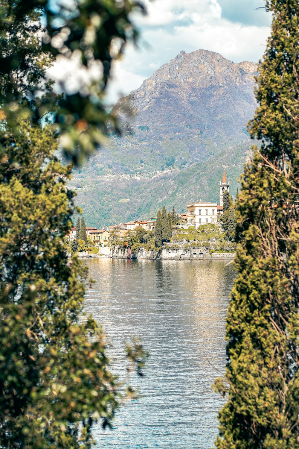 a view of a lake with a mountain in the background