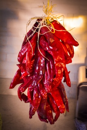 Bundles of dried spices hanging in a traditional storage room.