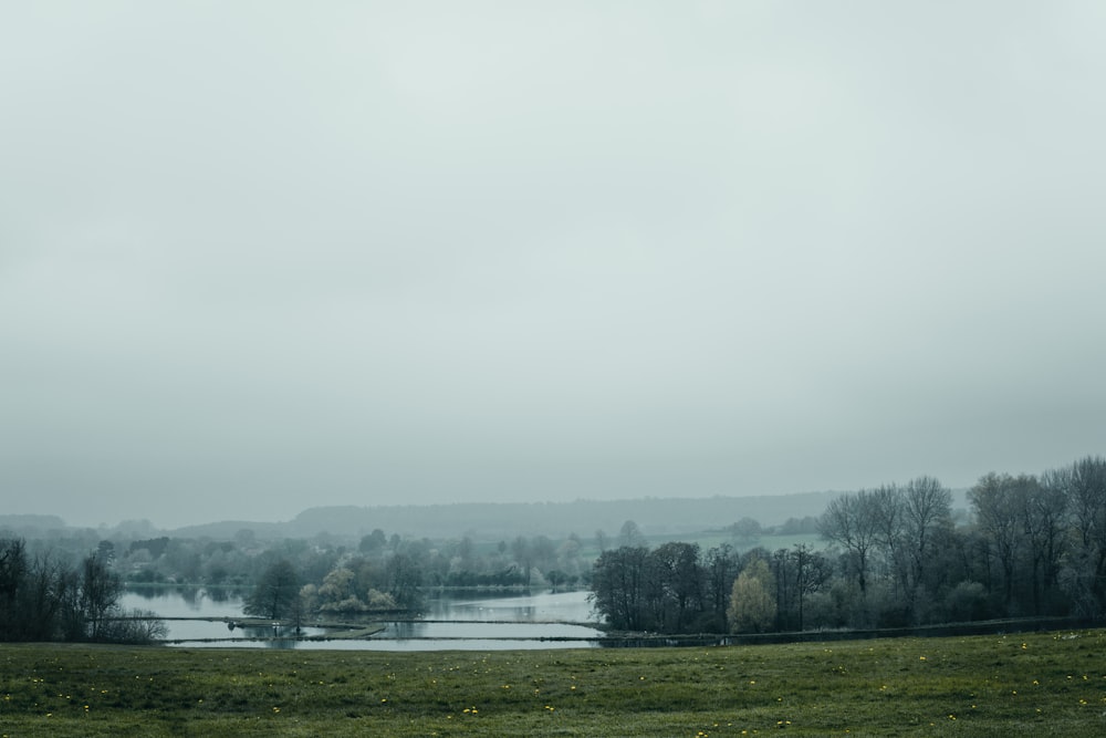 a large body of water surrounded by a lush green field