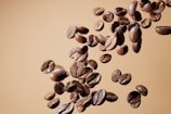 A collection of coffee beans suspended in mid-air against a light brown background. The beans are rich, glossy, and variably textured, showcasing different shades and highlights.