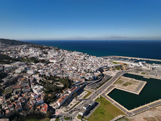 an aerial view of a city and a body of water