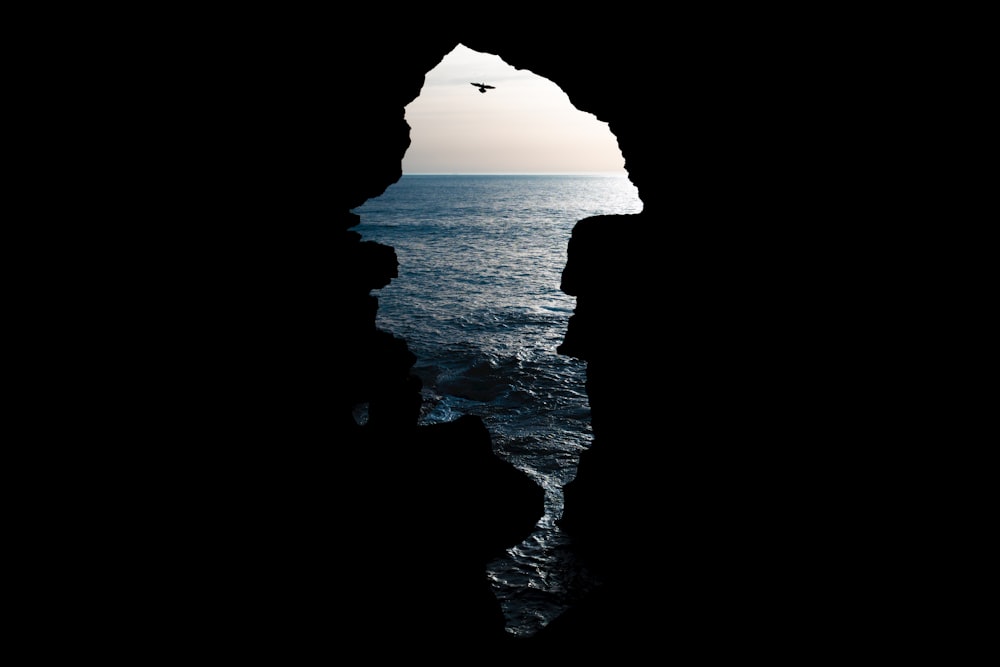 a bird flying over the ocean from a cave