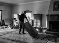 Technician carefully steam cleaning a large area rug in a bright, sunlit room.