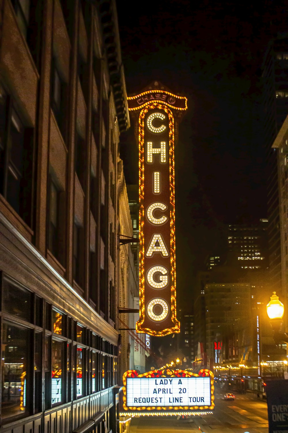 a chicago theater marquee lit up at night