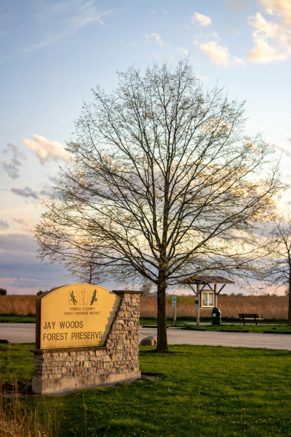 a sign in front of a tree in a park