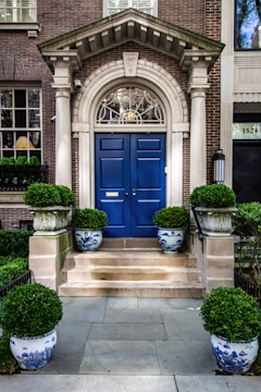 Close-up of elegant building entrance featuring polished navy blue doors.