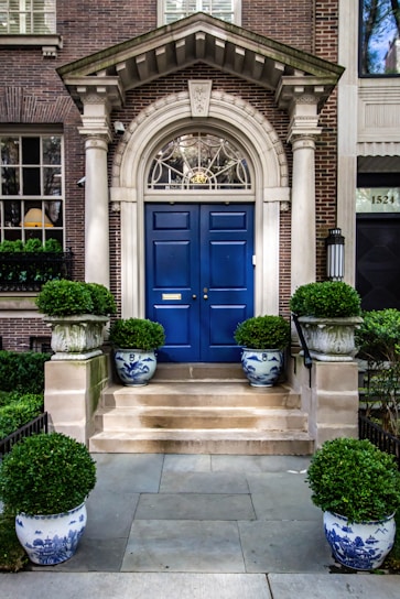 Elegant law office entrance with navy and gold accents