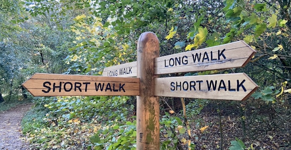 A rustic wooden signpost with multiple arrows points in different directions, offering options for a long walk or a short walk. The sign is situated in a wooded area with dense greenery and a dirt path visible through the trees.