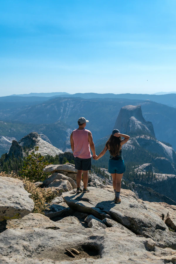 A couple hiking together in the mountains