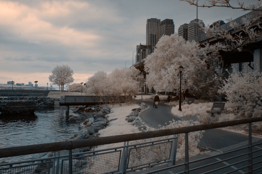 a bench sitting on the side of a river next to a bridge