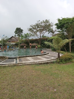 A family enjoying a freshly built pool surrounded by lush greenery and stone accents.