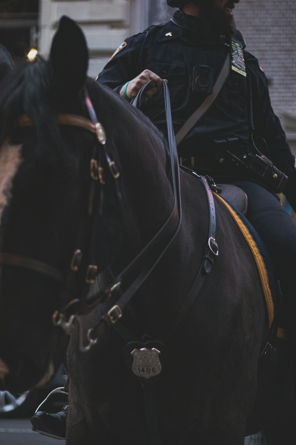 a police officer riding on the back of a brown horse