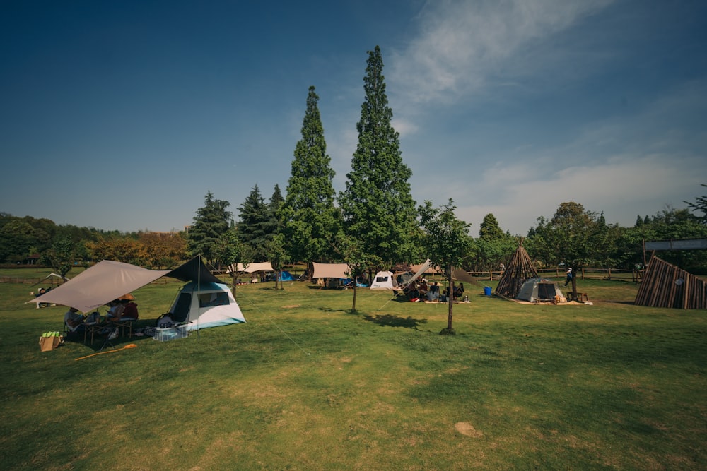 a group of people are camping in a field