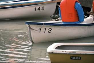 Several rowboats are positioned on a body of water, each marked with different numbers including 113 and 142. A person wearing a blue jacket and an orange life vest is seated in one of the boats. The water reflects the muted colors of the vessels, creating a calm atmosphere.