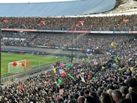 A crowded football stadium filled with enthusiastic fans. Many are holding colorful inflatable beach balls and other objects. The vibrant scene is set against a clear view of the pitch and goalposts. Banners and signs for the UEFA Europa League are prominently displayed, creating a lively and festive atmosphere.