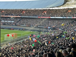 Fans wearing Valletta F.C. merchandise cheering in the stadium stands.
