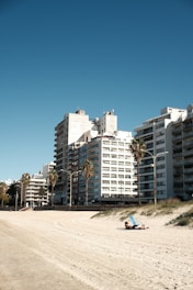 A sunny beach scene featuring high-rise apartment buildings in the background with palm trees lining the street. A person is lying on the sandy beach, sunbathing with a blue chair next to them.