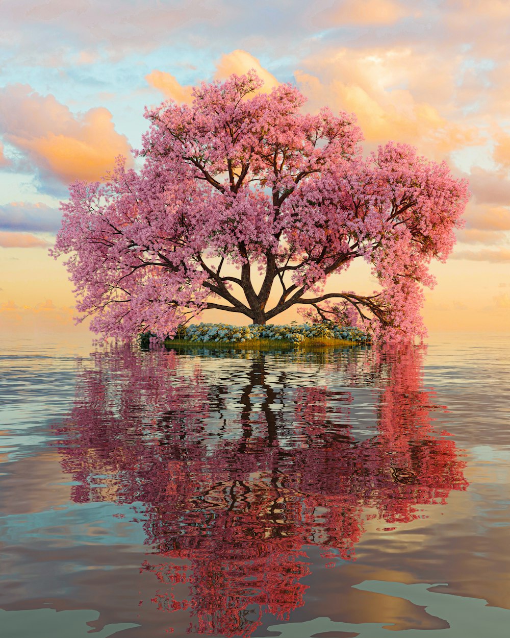 a painting of a tree in the middle of a body of water