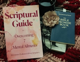A book titled 'Scriptural Guide to Overcoming 7 Mental Ailments' lies next to a pair of black-rimmed glasses, a large beige flower, and another book titled 'The Bible Promise Book.' These items are placed on a textured, multicolored knitted fabric, and there is a black cup next to the items.