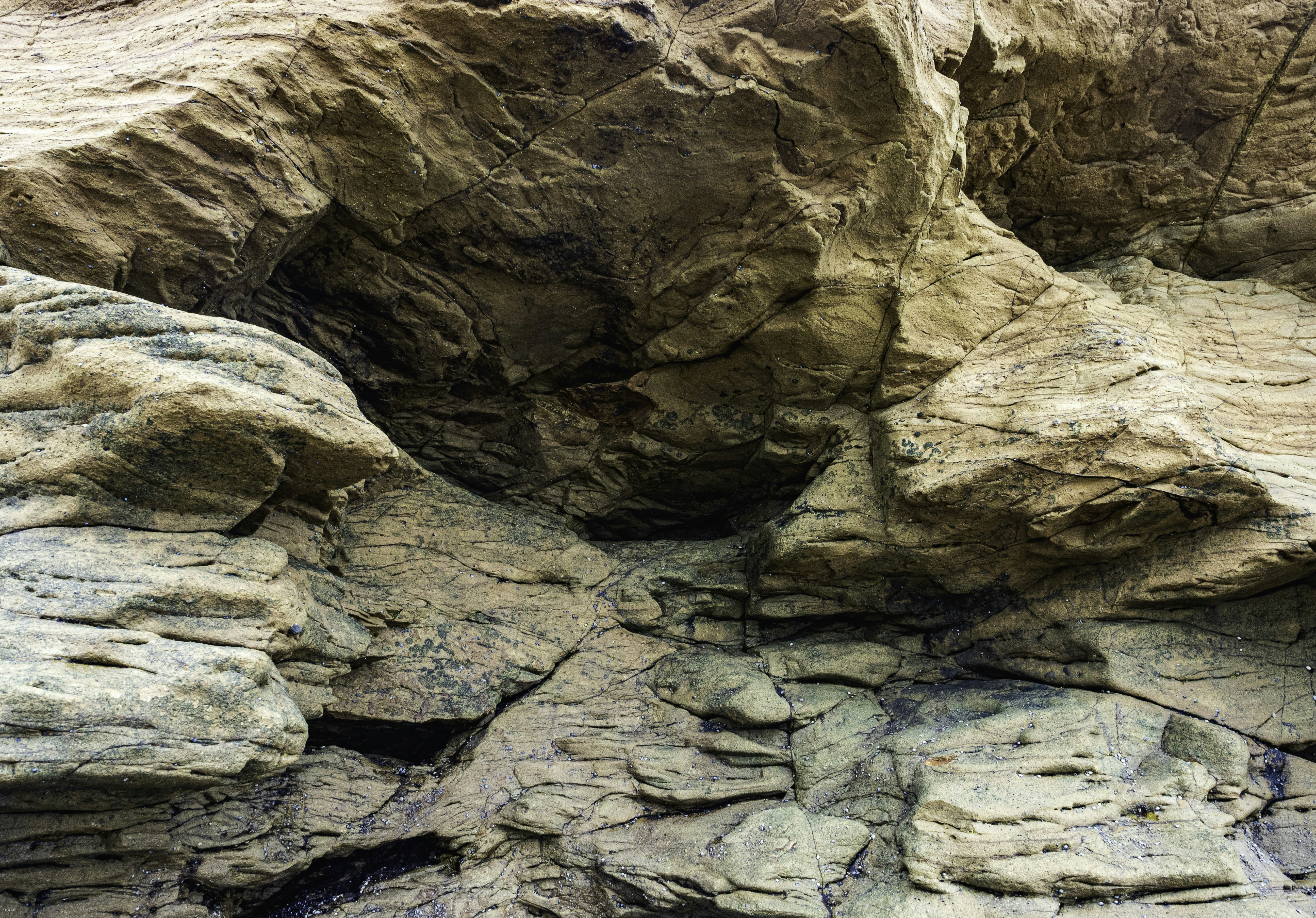 a close up of a rock formation with a bird perched on top of it