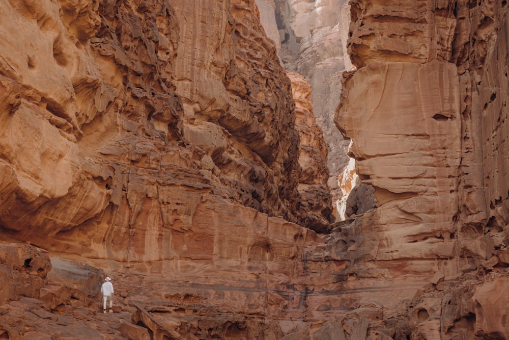 a person standing in a narrow canyon between two mountains