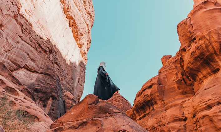 a person standing on a rock in the middle of a canyon