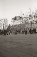 A monochrome photograph capturing a skateboarder in mid-air on a city plaza, with a historical building and leafless trees in the background. A group of people are gathered, some also skateboarding, creating a lively scene.