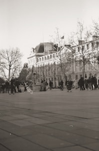 A vibrant photo of a diverse group of skaters enjoying the city streets with Bridgerna LLC skateboards and gear.