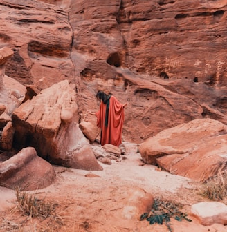 a woman in a red dress standing in a canyon