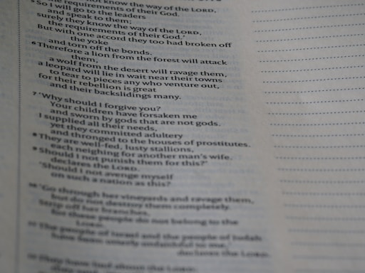 A close-up of a page from a book displays text printed in a serif font. The text appears to be structured as a poem or scripture, with numbered verses on the left. The right side of the image is blank, featuring evenly spaced horizontal lines.