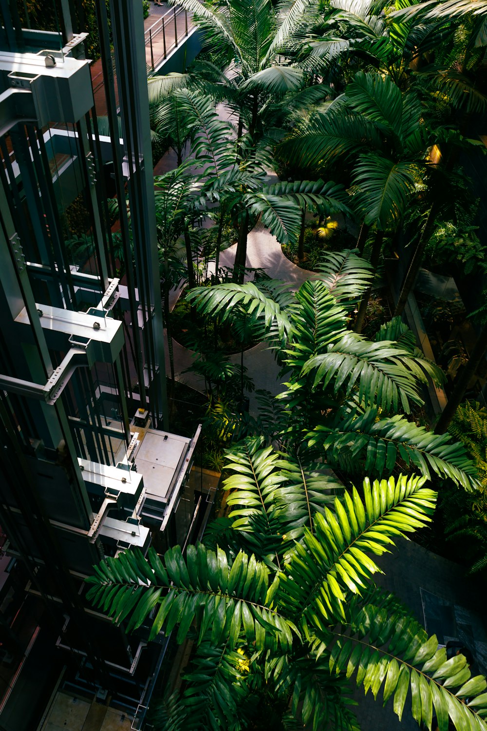 a tall building surrounded by lush green trees