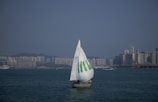 A sailboat with a large white sail marked with green text glides across a broad body of water. The skyline of a city with numerous high-rise buildings is visible on the horizon under a clear blue sky.