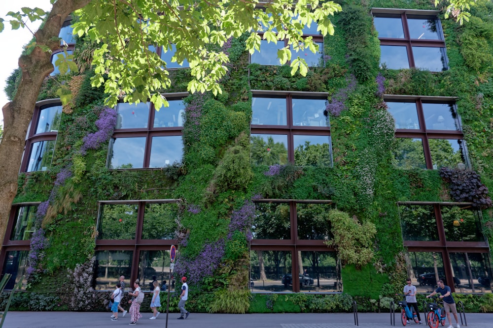 a building covered in green plants next to a tree