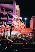 A brightly lit casino with neon lights in vibrant red, pink, and blue, featuring a large flamingo signage. Palm trees are visible in the foreground with vehicles passing by on the street at night.
