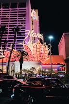 A brightly lit casino with neon lights in vibrant red, pink, and blue, featuring a large flamingo signage. Palm trees are visible in the foreground with vehicles passing by on the street at night.