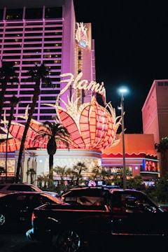 A brightly lit casino with neon lights in vibrant red, pink, and blue, featuring a large flamingo signage. Palm trees are visible in the foreground with vehicles passing by on the street at night.
