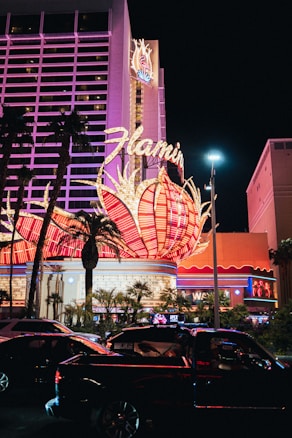 A brightly lit casino with neon lights in vibrant red, pink, and blue, featuring a large flamingo signage. Palm trees are visible in the foreground with vehicles passing by on the street at night.